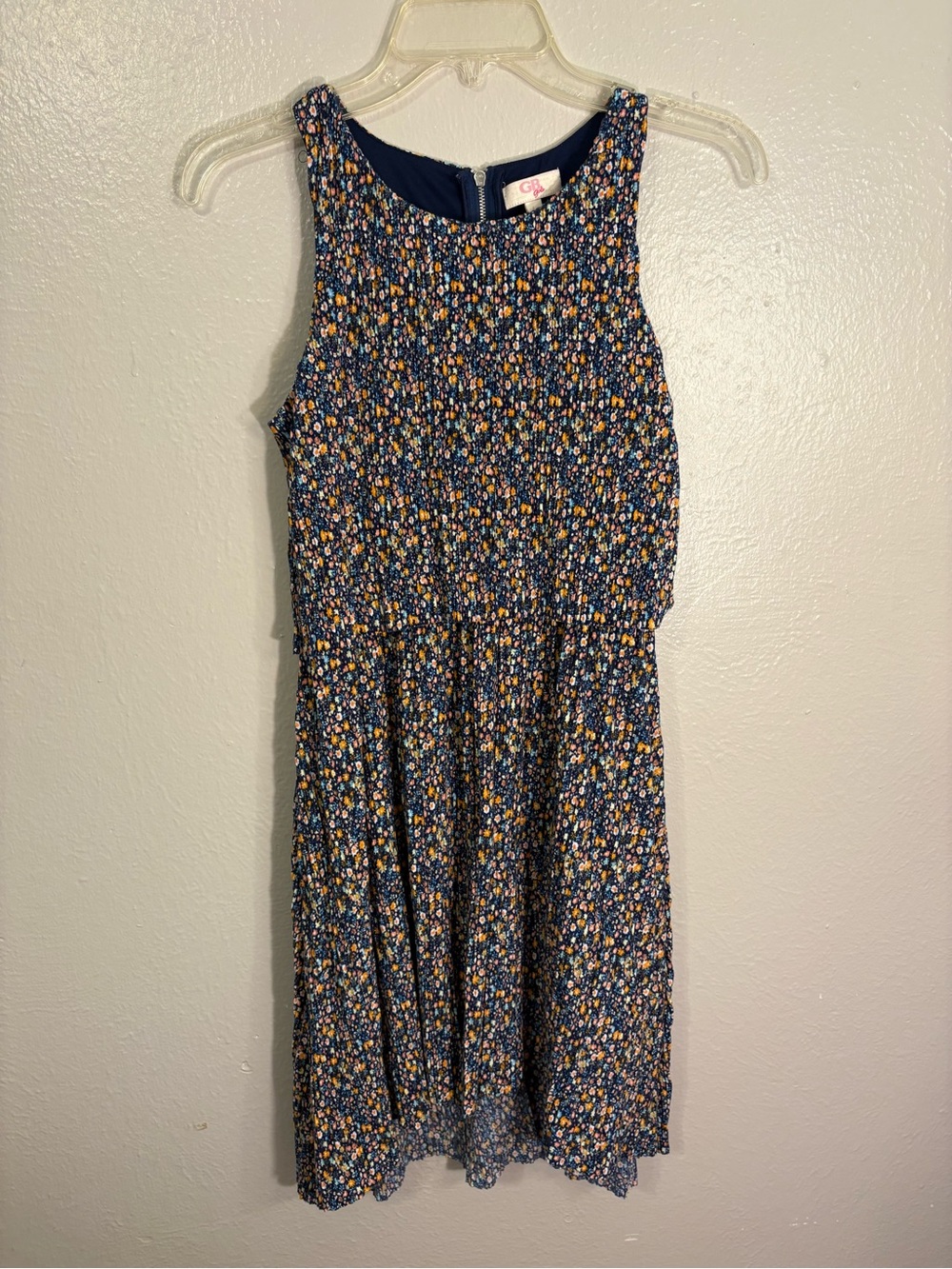 Gianni Bini GB Girls Dress- Navy Blue Orange White Flowers Zip Pleated Large